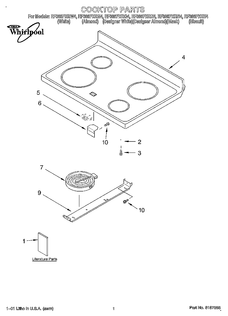 COOKTOP, LITERATURE Diagram and Parts List for RF386PXGB4  Whirlpool Range