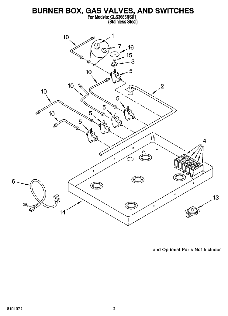 BURNER BOX, GAS VALVES, AND SWITCHES Diagram and Parts List for GLS3665RS01  Whirlpool Cooktop