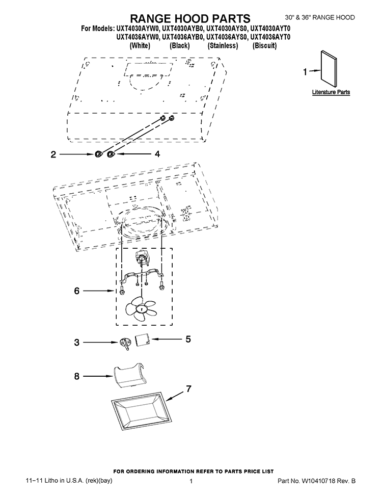 RANGE HOOD PARTS Diagram and Parts List for UXT4036AYS0  Whirlpool Range Hood