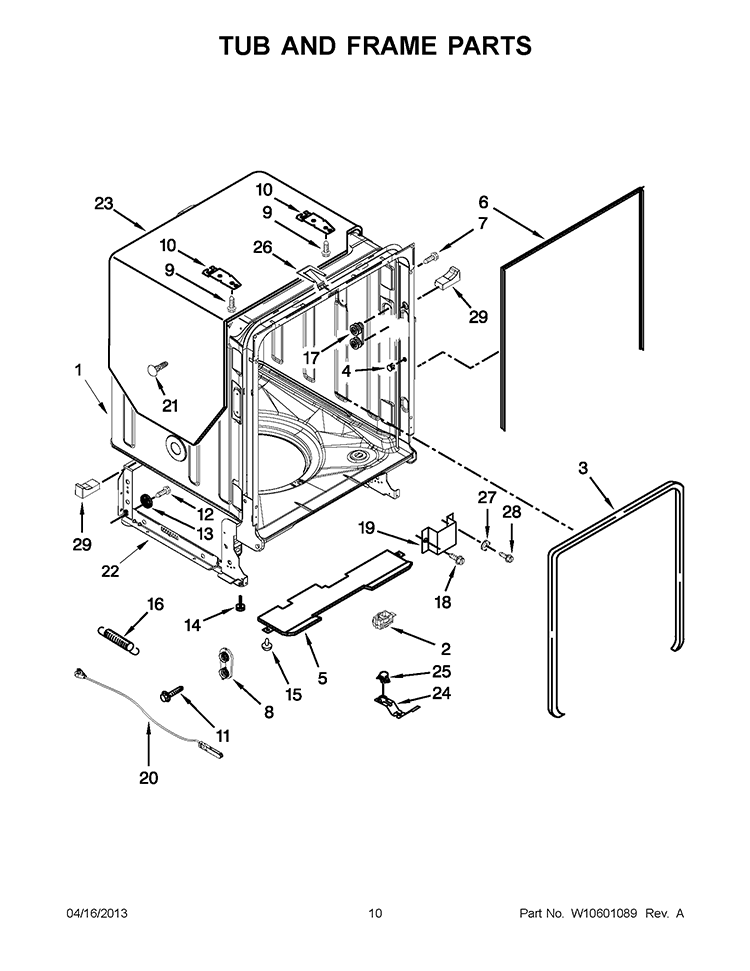 TUB AND FRAME PARTS Diagram and Parts List for WDF780SLYB2  Whirlpool Dishwasher