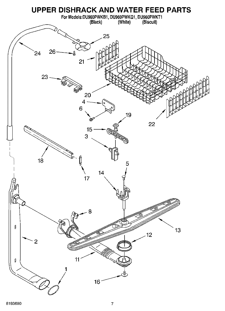 UPPER DISHRACK AND WATER FEED Diagram and Parts List for DU960PWKB1  Whirlpool Dishwasher