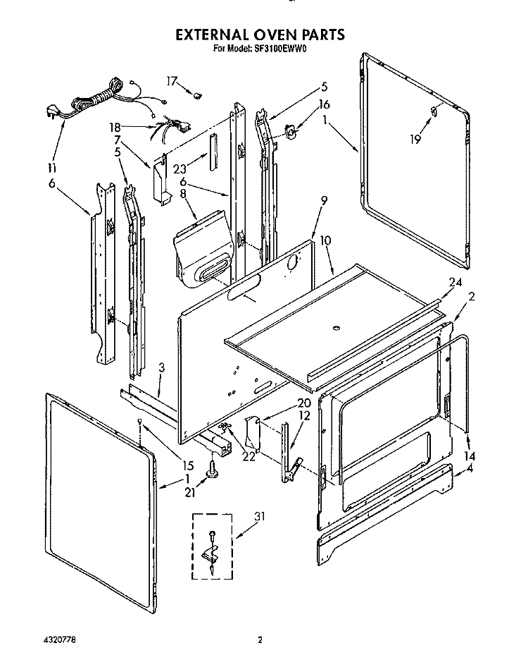 EXTERNAL OVEN Diagram and Parts List for SF3100EWN0  Whirlpool Range