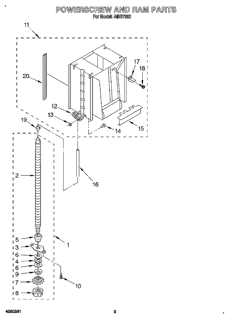 POWERSCREW AND RAM Diagram and Parts List for AMB7552  Whirlpool Trash Compactor