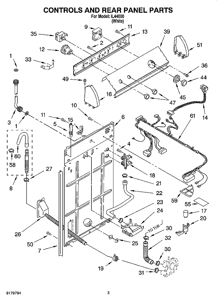 CONTROLS AND REAR PANEL PARTS Diagram and Parts List for IL44000  Inglis Washer