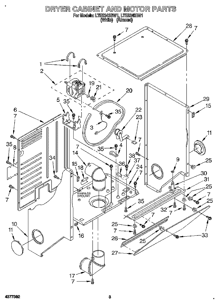 DRYER CABINET AND MOTOR Diagram and Parts List for LTE5243BW1  Whirlpool Washer Dryer Combo