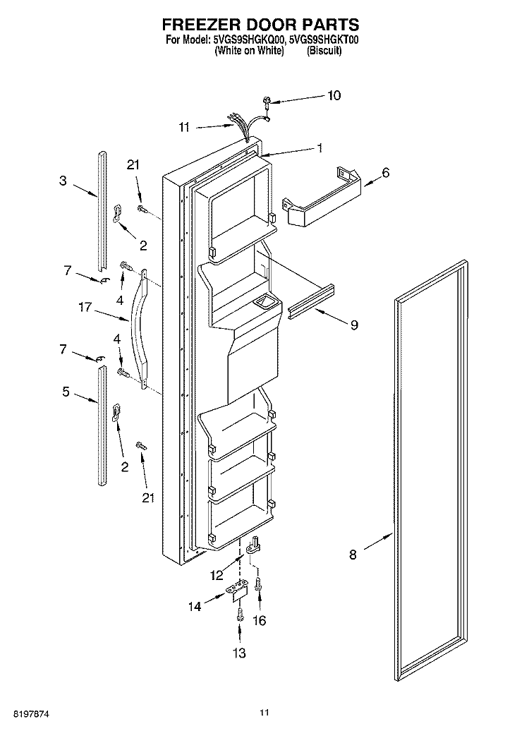 FREEZER DOOR Diagram and Parts List for 5VGS9SHGKT00  Whirlpool Refrigerator