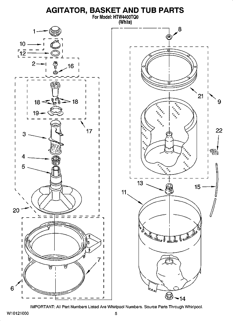 AGITATOR, BASKET AND TUB PARTS Diagram and Parts List for HTW4400TQ0  Whirlpool Washer