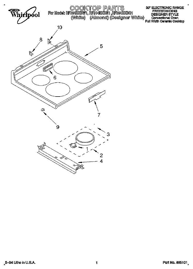 COOKTOP, LITERATURE Diagram and Parts List for RF314BXBW1  Whirlpool Range