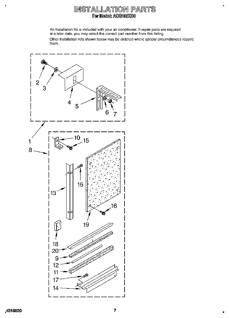 INSTALLATION Diagram and Parts List for ACQ102XD0  Whirlpool Air Conditioner