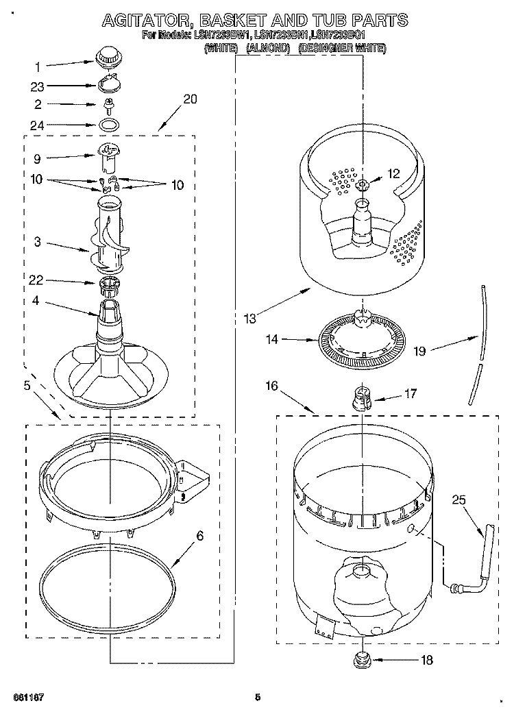 AGITATOR, BASKET AND TUB Diagram and Parts List for LSN7233BW1  Whirlpool Washer