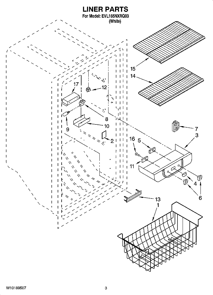 LINER PARTS Diagram and Parts List for EVL165NXRQ03  Whirlpool Refrigerator
