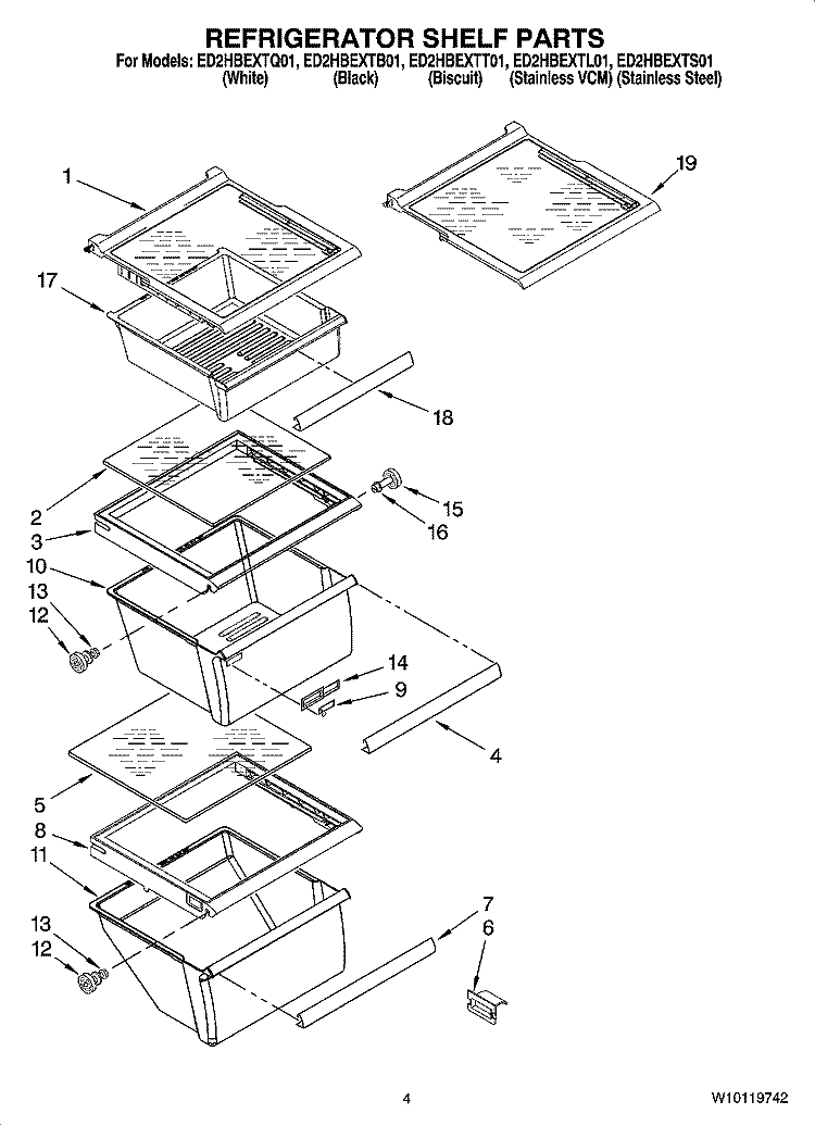 REFRIGERATOR SHELF PARTS Diagram and Parts List for ED2HBEXTQ01  Whirlpool Refrigerator