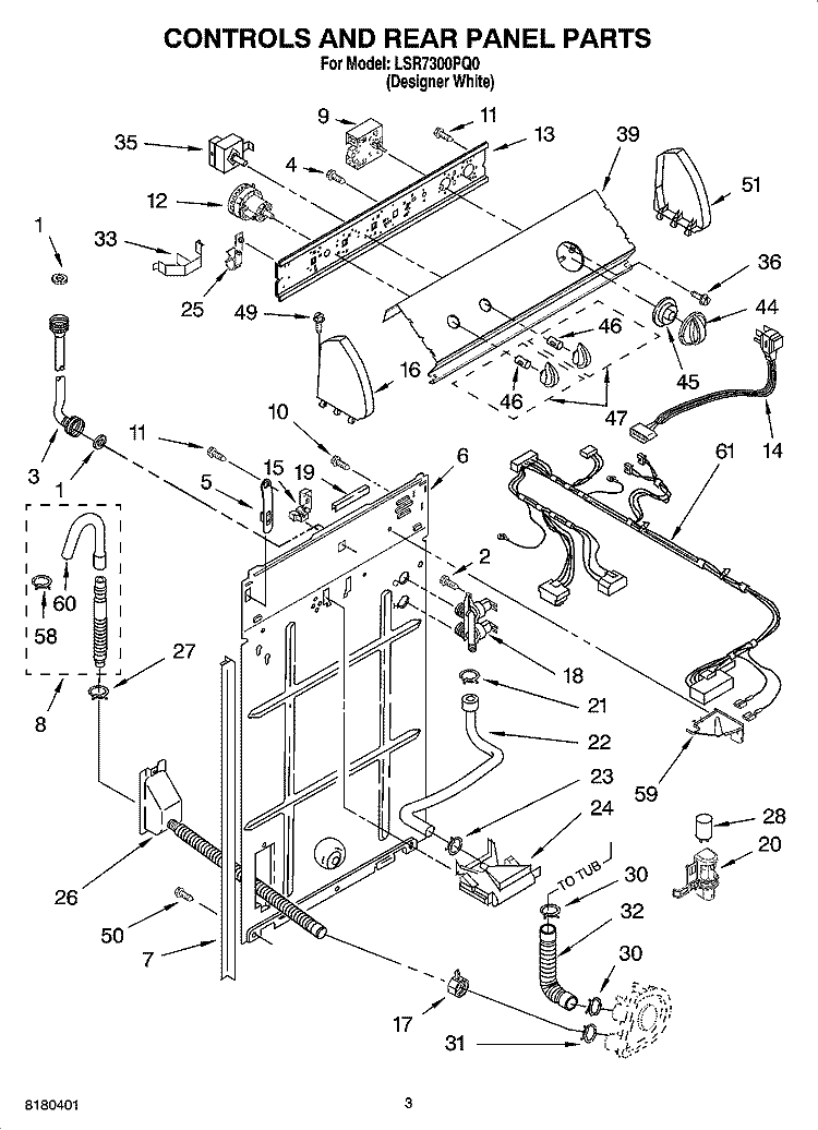 CONTROLS AND REAR PANEL PARTS Diagram and Parts List for LSR7300PQ0  Whirlpool Washer