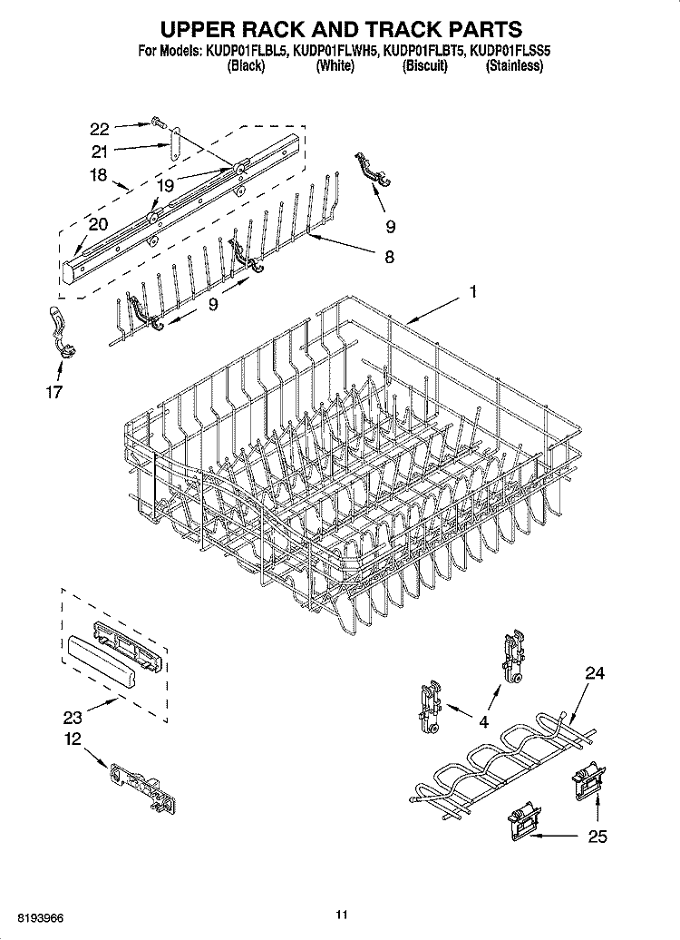 UPPER RACK AND TRACK PARTS Diagram and Parts List for KUDP01FLBL5  KitchenAid Dishwasher