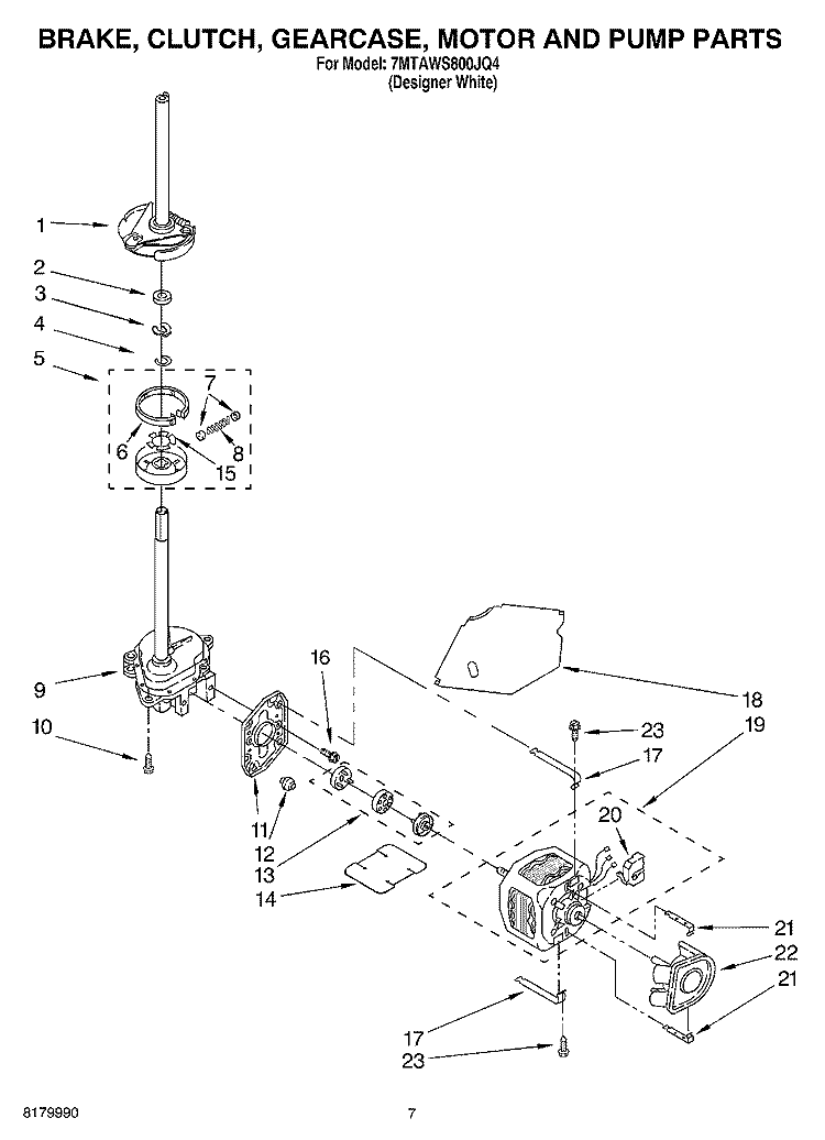 BRAKE, CLUTCH, GEARCASE, MOTOR AND PUMP PARTS Diagram and Parts List for 7MTAWS800JQ4  Estate Washer