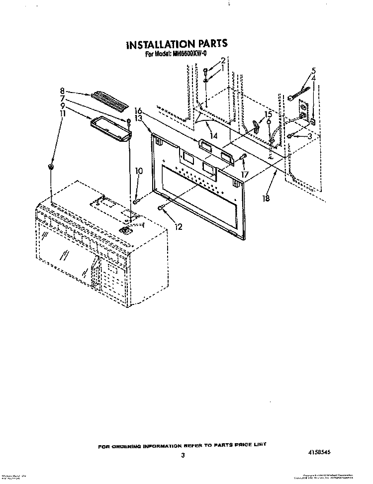 INSTALLATION Diagram and Parts List for MH6600XW0  Whirlpool Microwave
