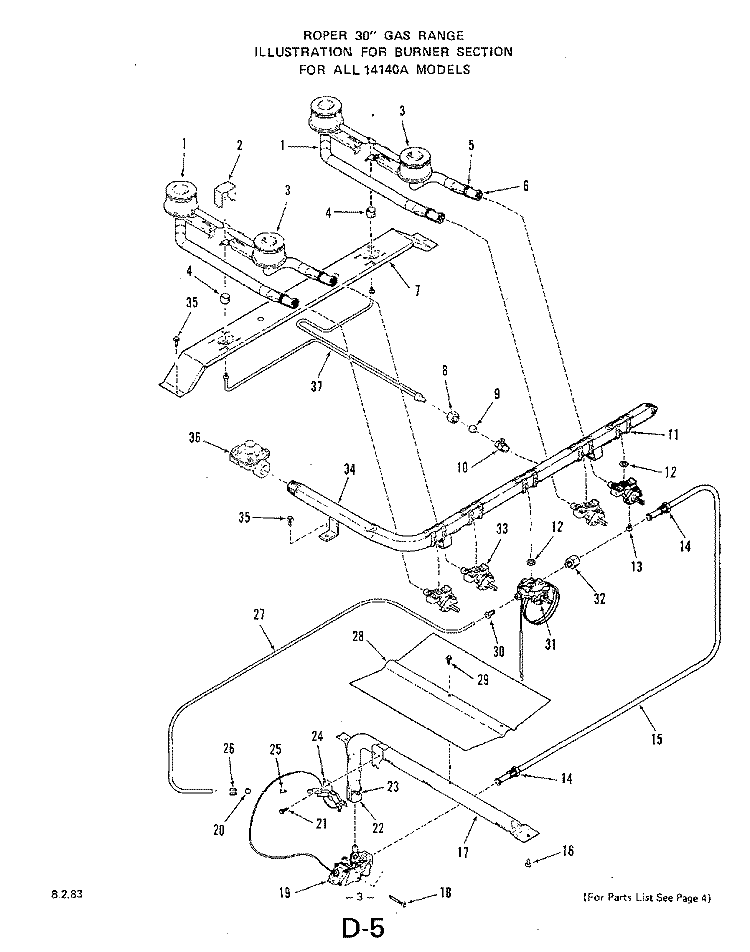 BURNER Diagram and Parts List for 1414W0A  Roper Range
