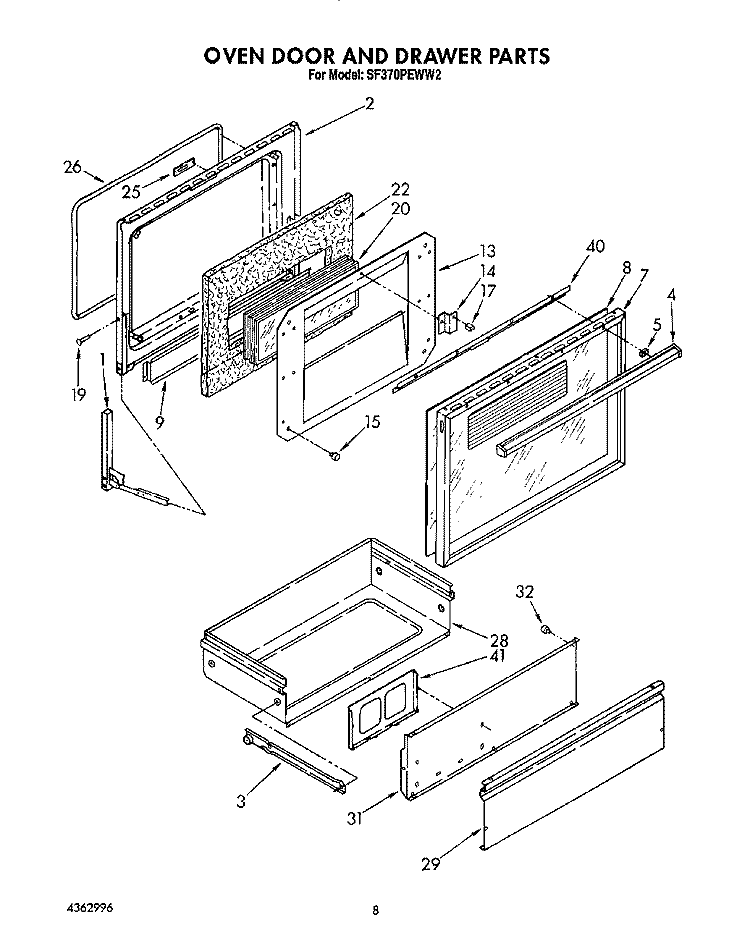 OVEN DOOR AND DRAWER Diagram and Parts List for SF370PEWN2  Whirlpool Range