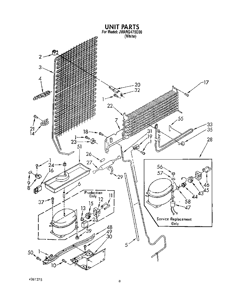 UNIT Diagram and Parts List for JWARG475D00  Whirlpool Refrigerator