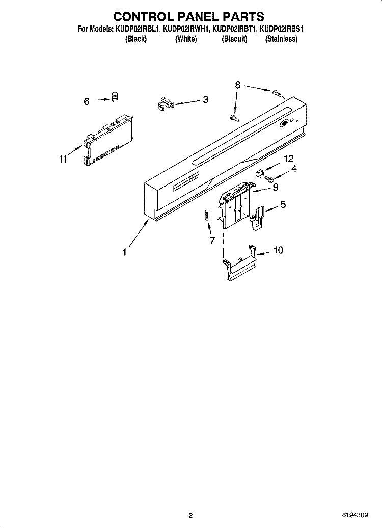 CONTROL PANEL PARTS Diagram and Parts List for KUDP02IRBL1  KitchenAid Dishwasher