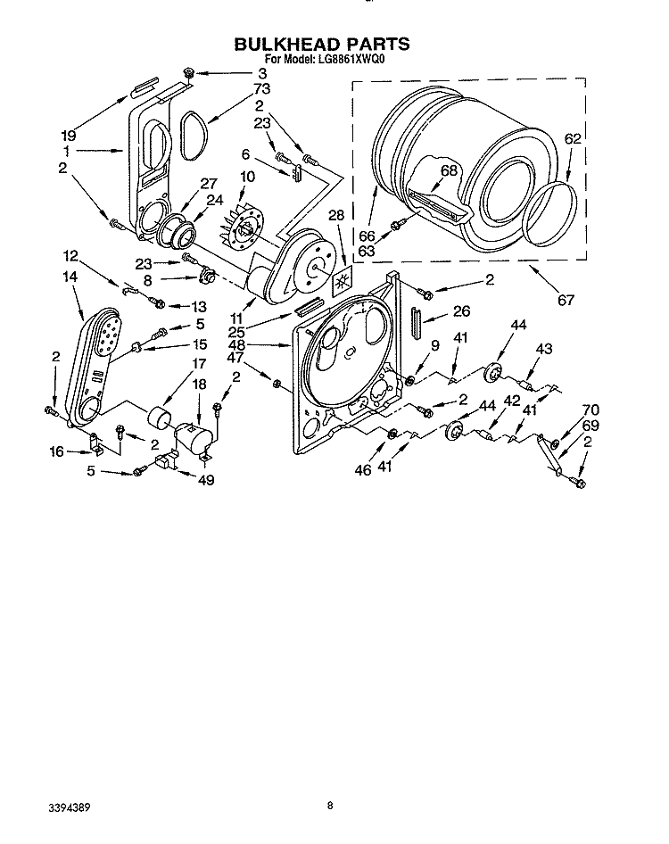 BULKHEAD Diagram and Parts List for LG8861XWQ0  Whirlpool Dryer