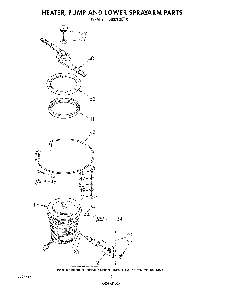 HEATER, PUMP, AND LOWER SPRAYARM Diagram and Parts List for DU8750XT0  Whirlpool Dishwasher