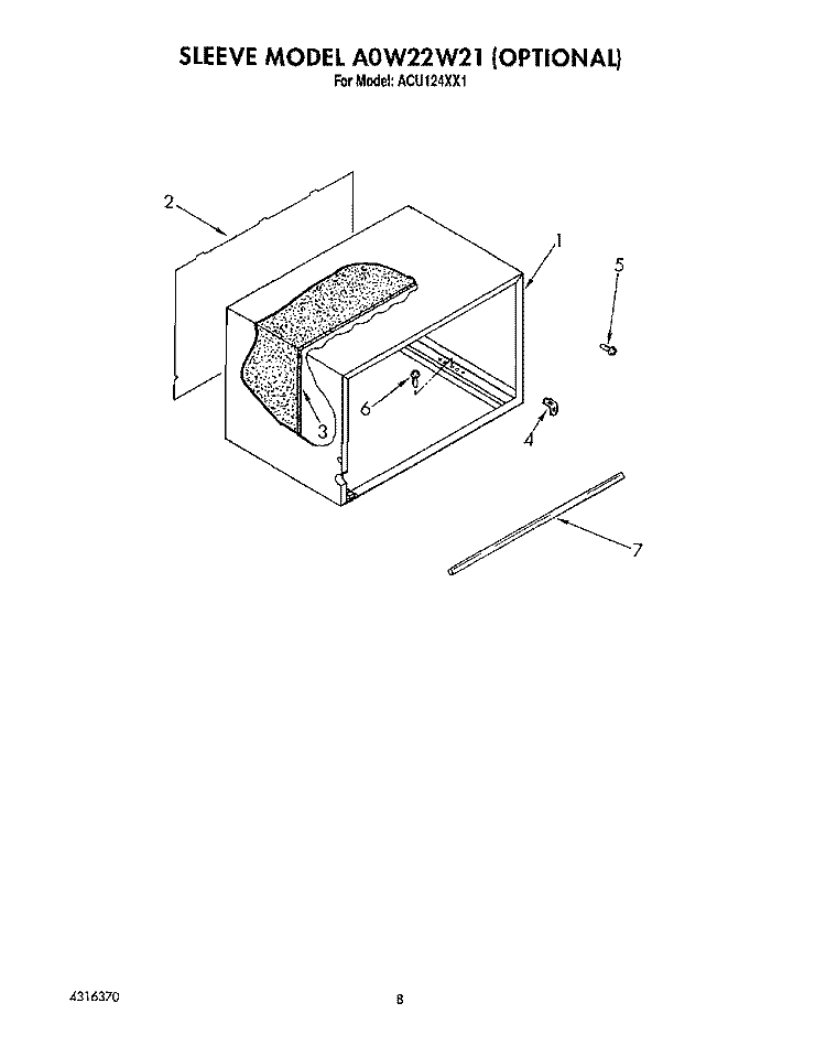 SLEEVE MODEL (OPTIONAL) Diagram and Parts List for ACU124XX1  Whirlpool Air Conditioner