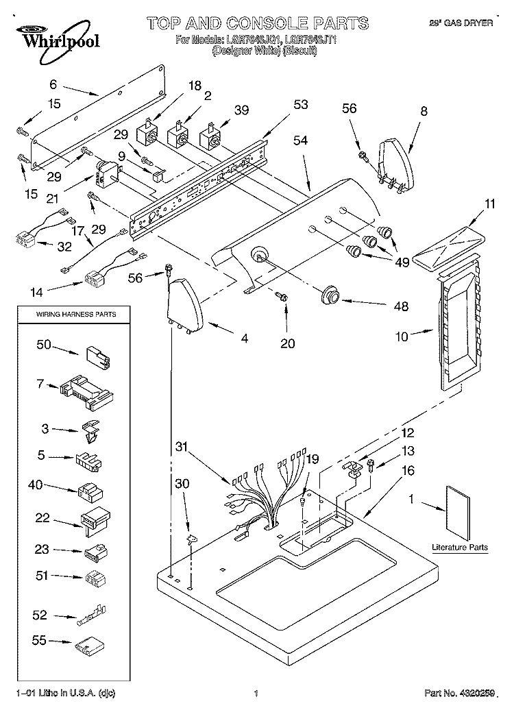 TOP AND CONSOLE, LIT/OPTIONAL Diagram and Parts List for LGR7646JT1  Whirlpool Dryer