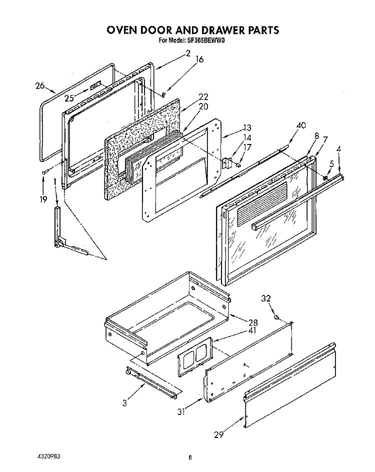 OVEN DOOR AND DRAWER Diagram and Parts List for SF365BEWN0  Whirlpool Range