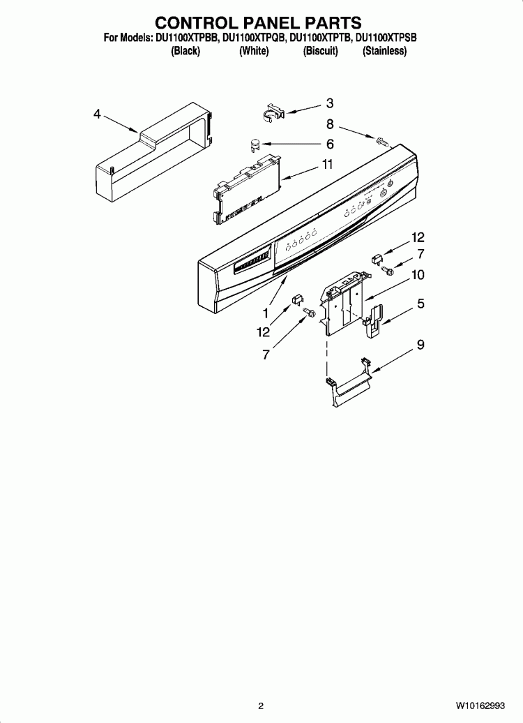 CONTROL PANEL PARTS Diagram and Parts List for DU1100XTPBB  Whirlpool Dishwasher