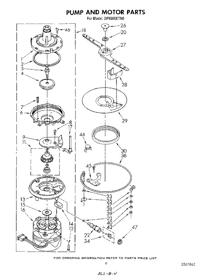 PUMP AND MOTOR Diagram and Parts List for DP8500XTN0  Whirlpool Dishwasher