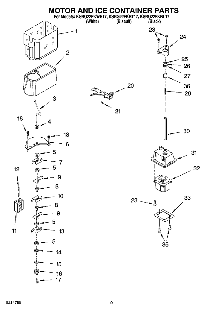 MOTOR AND ICE CONTAINER PARTS Diagram and Parts List for KSRG22FKBL17  KitchenAid Refrigerator