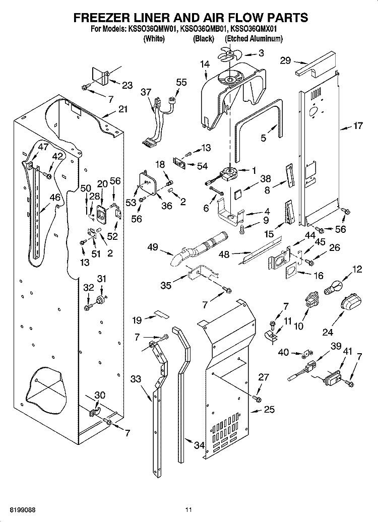 FREEZER LINER AND AIR FLOW PARTS Diagram and Parts List for KSSO36QMB01  KitchenAid Refrigerator