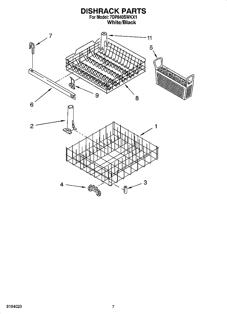 DISHRACK PARTS Diagram and Parts List for 7DP840SWKX1  Whirlpool Dishwasher