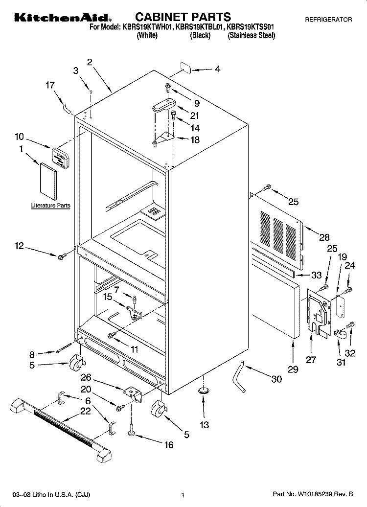 CABINET PARTS Diagram and Parts List for KBRS19KTSS01  KitchenAid Refrigerator