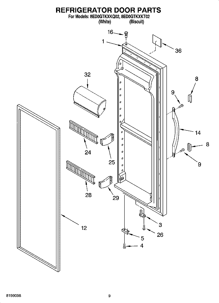 REFRIGERATOR DOOR PARTS Diagram and Parts List for 8ED0GTKXKQ02  Whirlpool Refrigerator