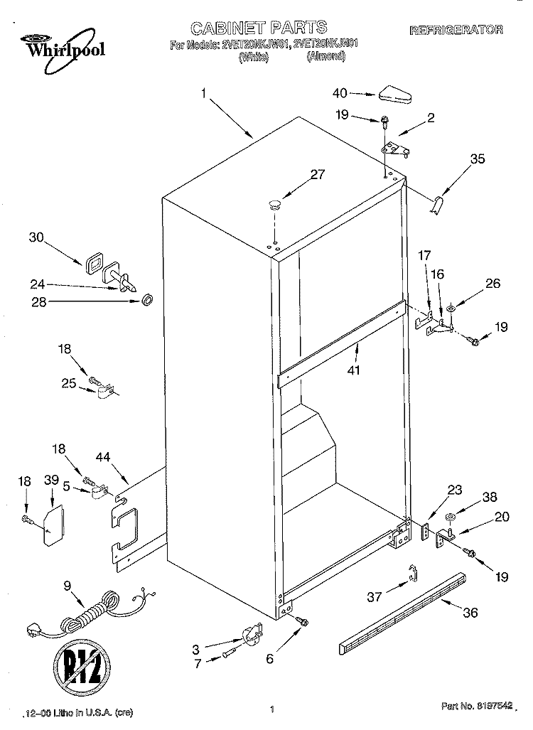 CABINET Diagram and Parts List for 2VET20NKJW01  Whirlpool Refrigerator
