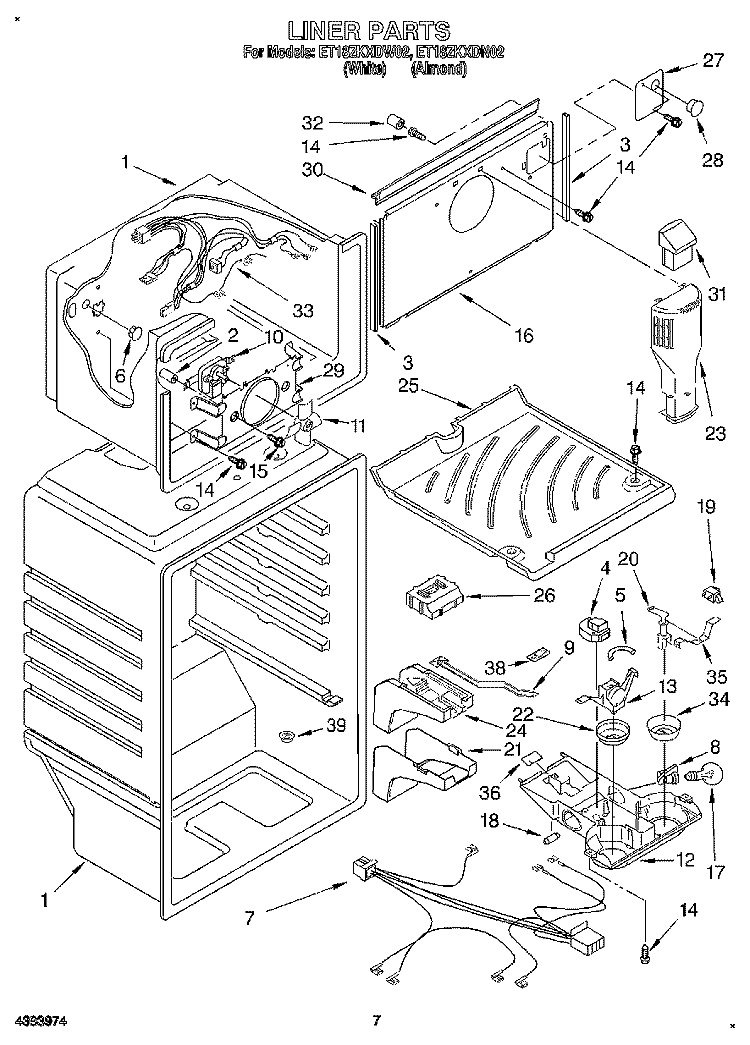LINER Diagram and Parts List for ET18ZKXDW02  Whirlpool Refrigerator