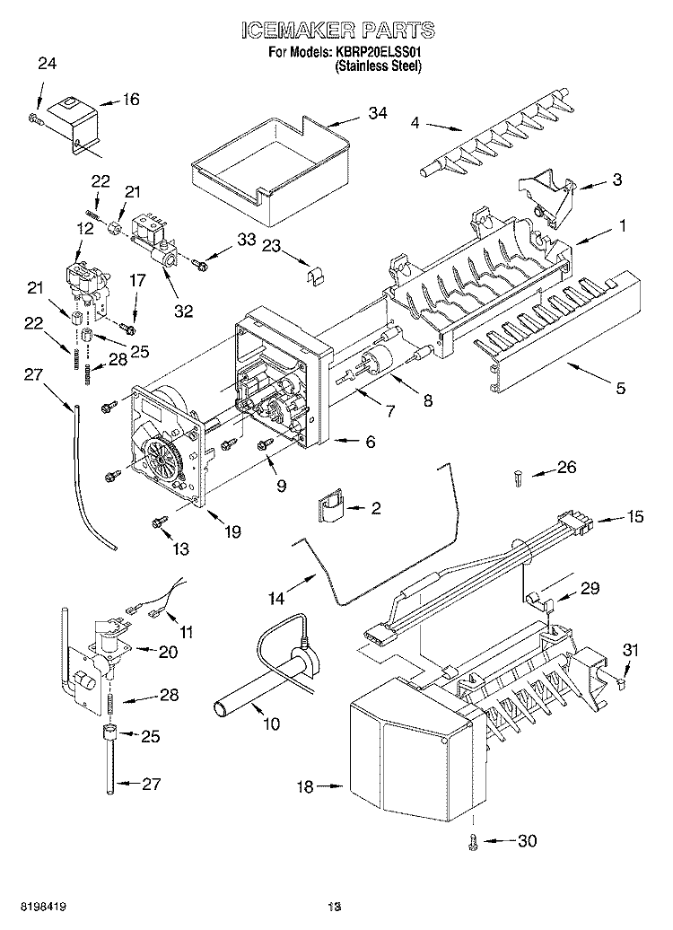 ICEMAKER PARTS Diagram and Parts List for KBRP20ELSS01  KitchenAid Refrigerator
