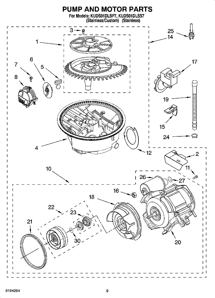 PUMP AND MOTOR PARTS Diagram and Parts List for KUDS01DLSP7  KitchenAid Dishwasher