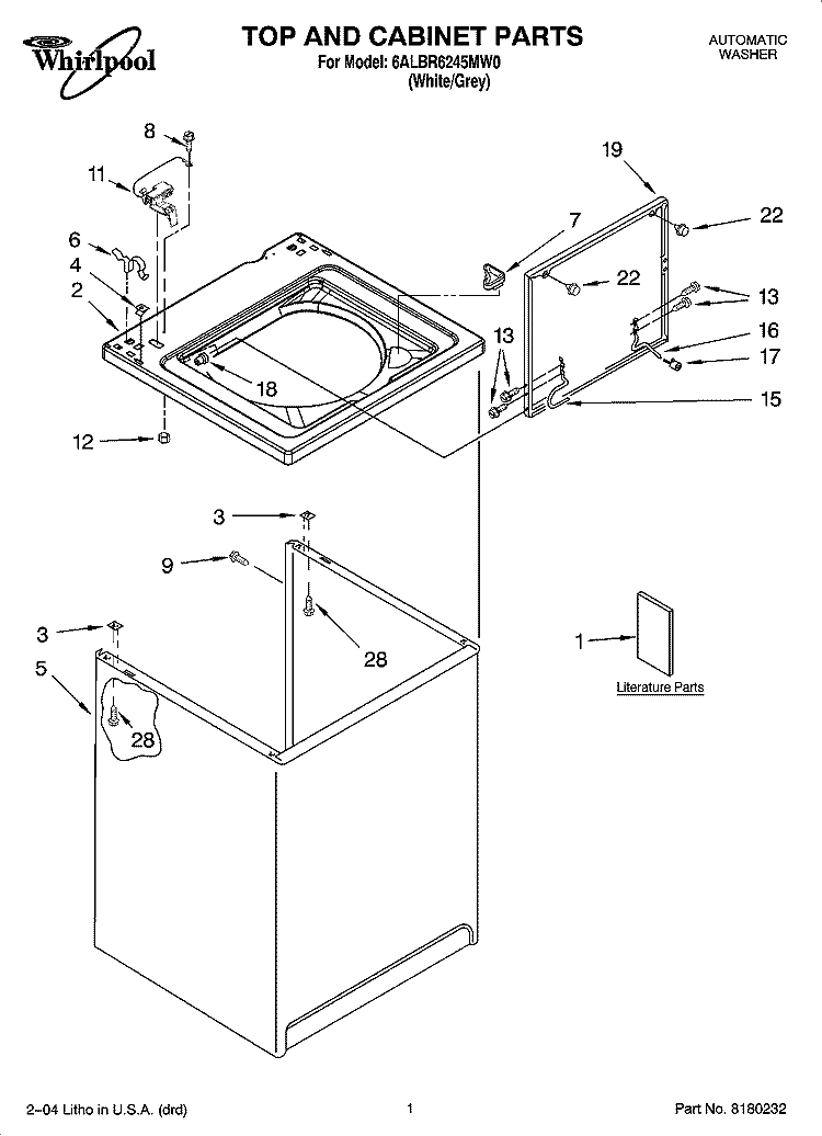 TOP AND CABINET PARTS Diagram and Parts List for 6ALBR6245MW0  Whirlpool Washer
