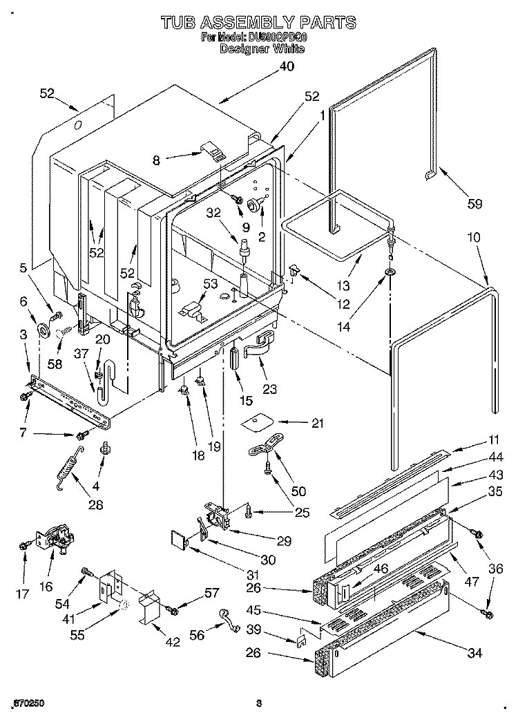 TUB ASSEMBLY Diagram and Parts List for DU980QPDQ0  Whirlpool Dishwasher