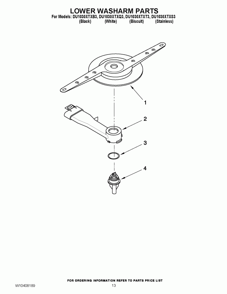 LOWER WASHARM PARTS Diagram and Parts List for DU1030XTXT3  Whirlpool Dishwasher