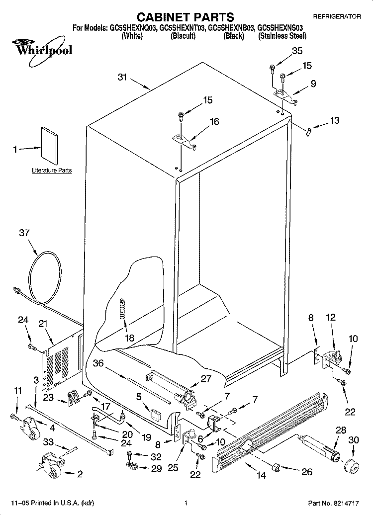 CABINET PARTS Diagram and Parts List for GC5SHEXNB03  Whirlpool Refrigerator