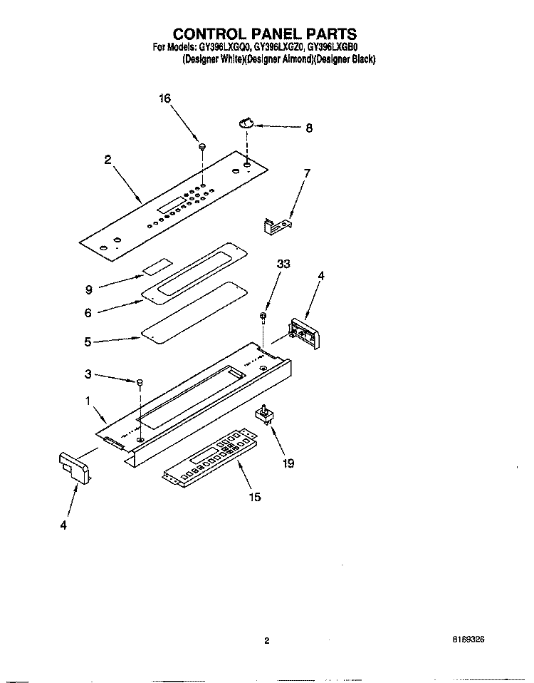 CONTROL PANEL Diagram and Parts List for GY396LXGB0  Whirlpool Range