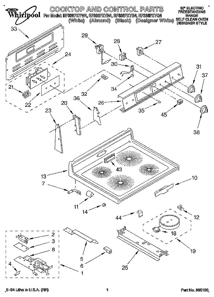COOKTOP AND CONTROL Diagram and Parts List for RF366PXYN4  Whirlpool Range