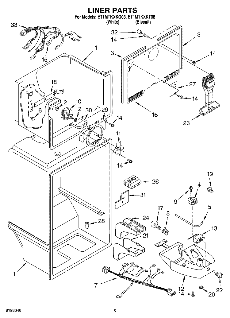 LINER PARTS Diagram and Parts List for ET1MTKXKT08  Whirlpool Refrigerator