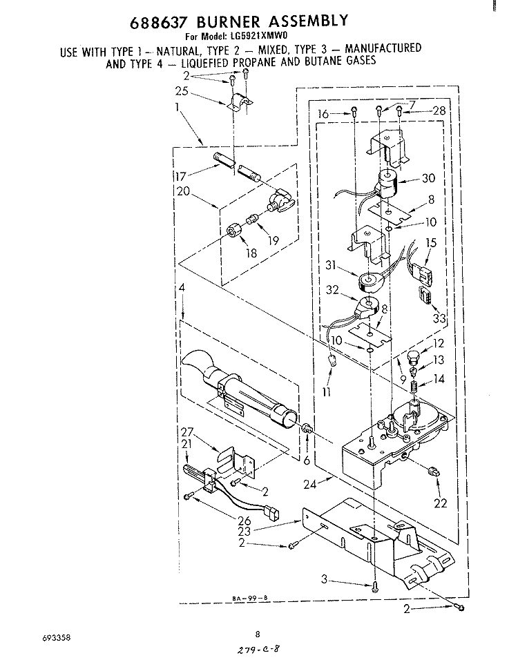 688637 BURNER Diagram and Parts List for LG5921XMW0  Whirlpool Dryer