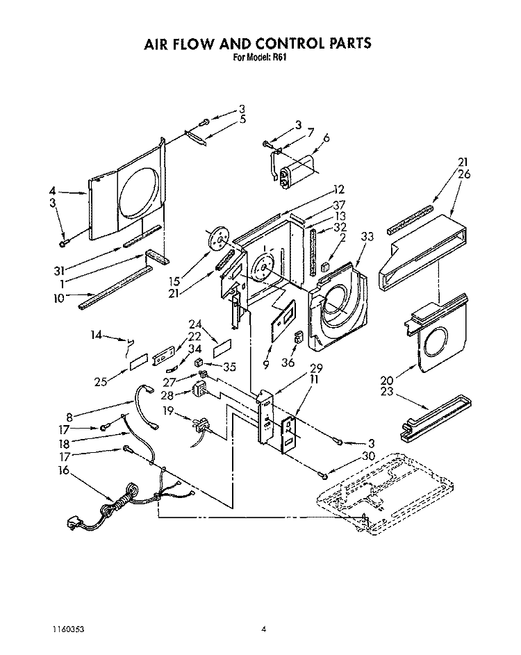 AIR FLOW AND CONTROL Diagram and Parts List for R61  Whirlpool Air Conditioner