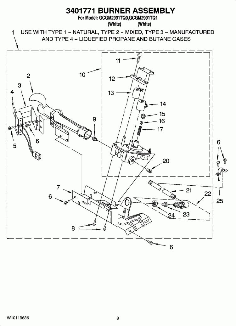 3401771 BURNER ASSEMBLY, OPTIONAL PARTS (NOT INCLUDED) Diagram and Parts List for GCGM2991TQ1  Whirlpool Dryer